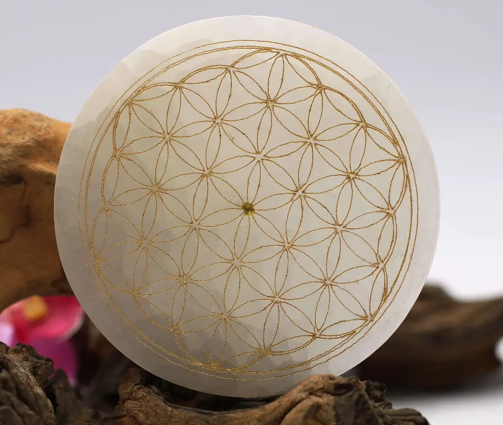 Porte encens en Sélénite et motif Fleur de vie dorée