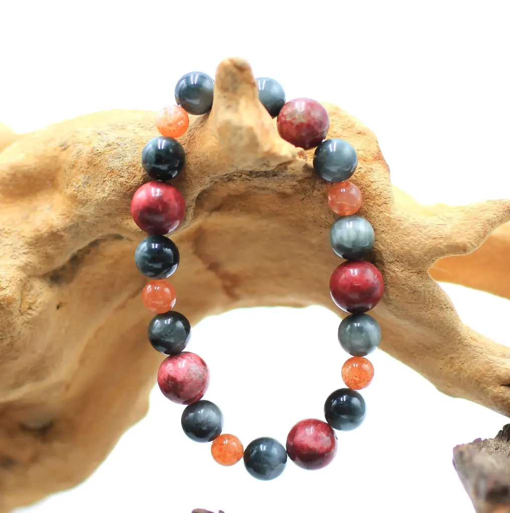 Bracelet en perles 6mm en Pierre de soleil, 8mm en Tourmaline œil de chat, 10mm en Thulite