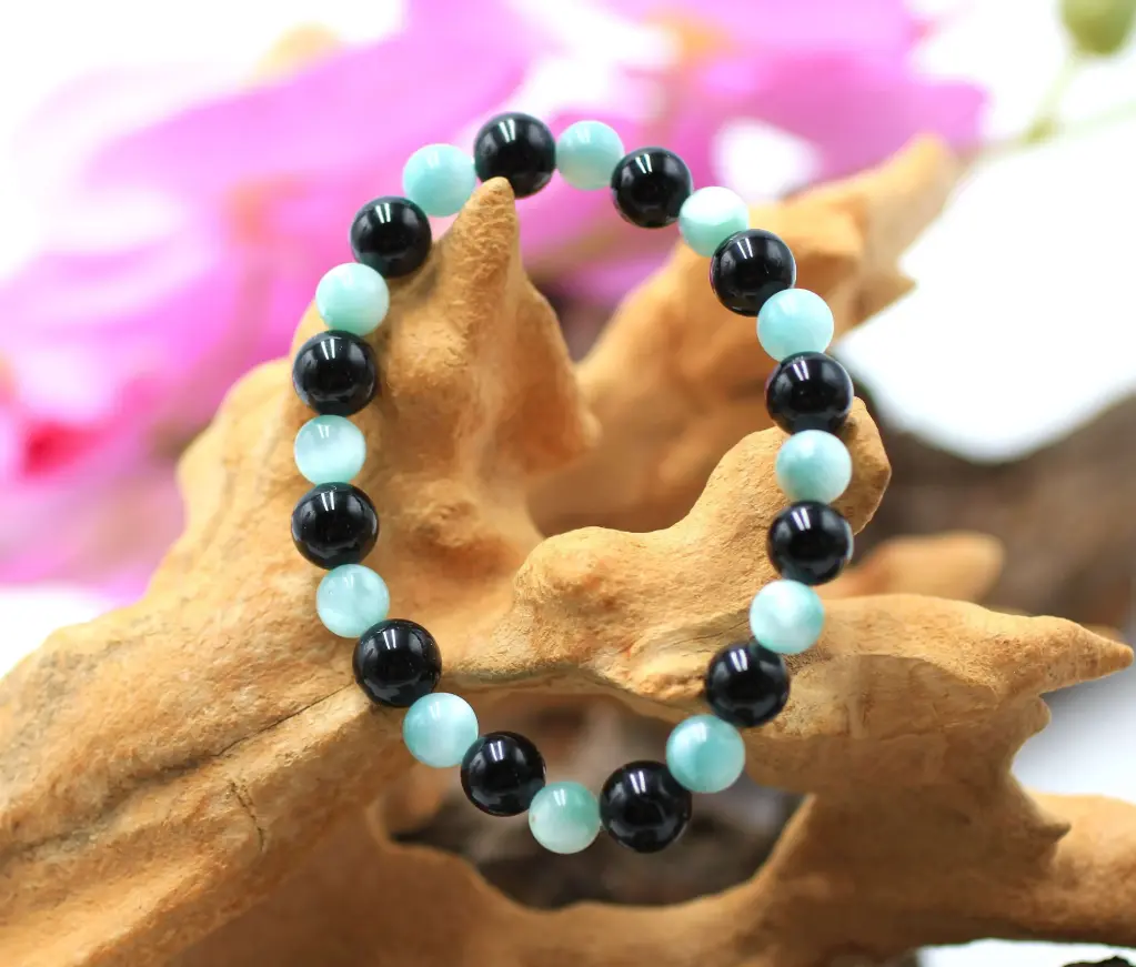 Bracelet en perles 8mm en Garniérite, Obsidienne noire