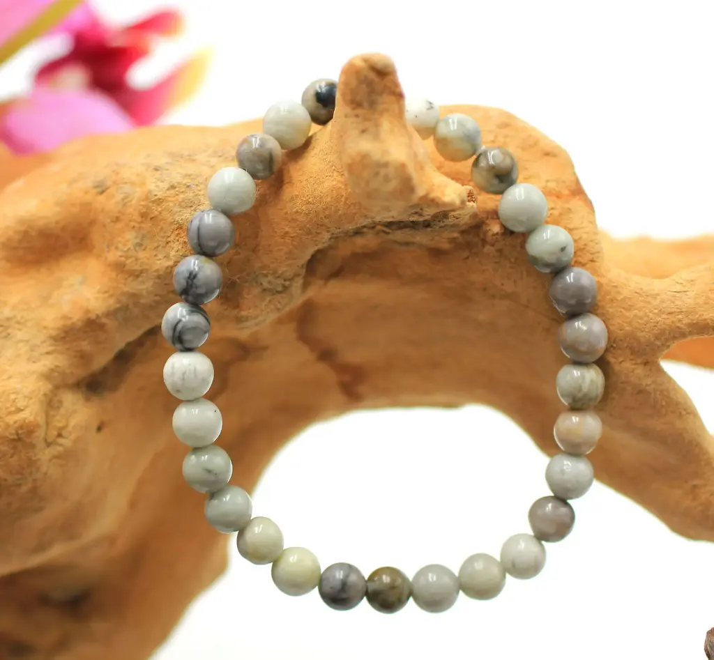 Bracelet en perles 6mm en Jaspe feuille d'Argent