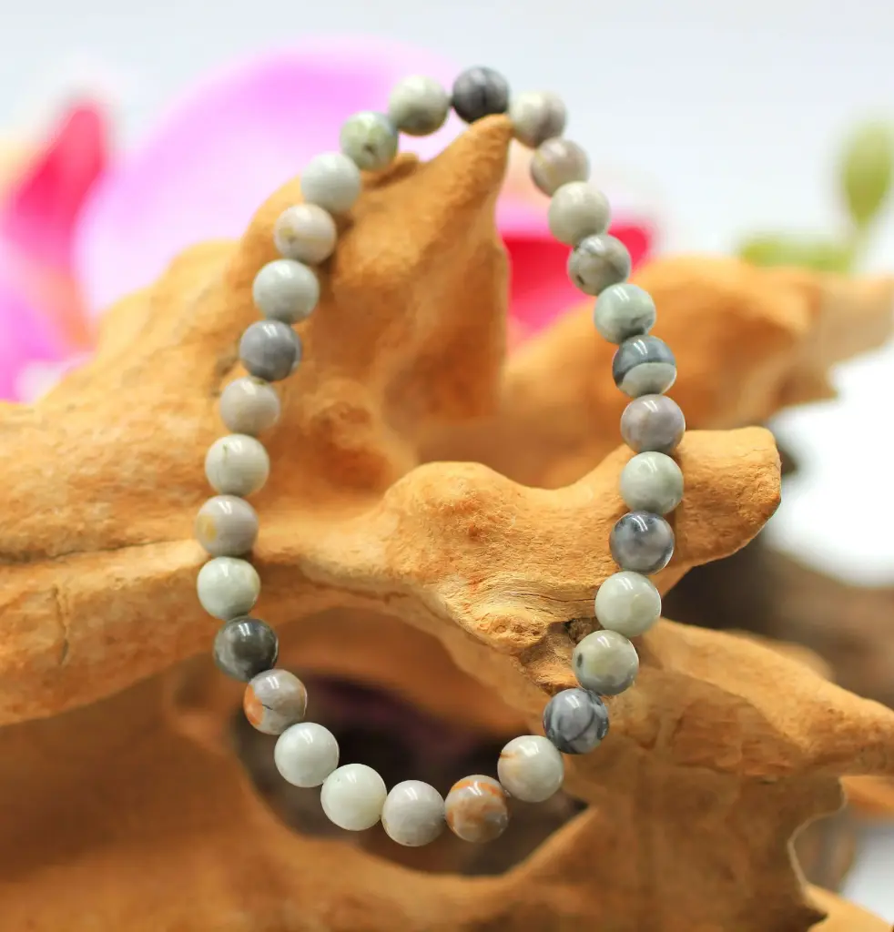 Bracelet en perles 6mm en Jaspe feuille d'Argent