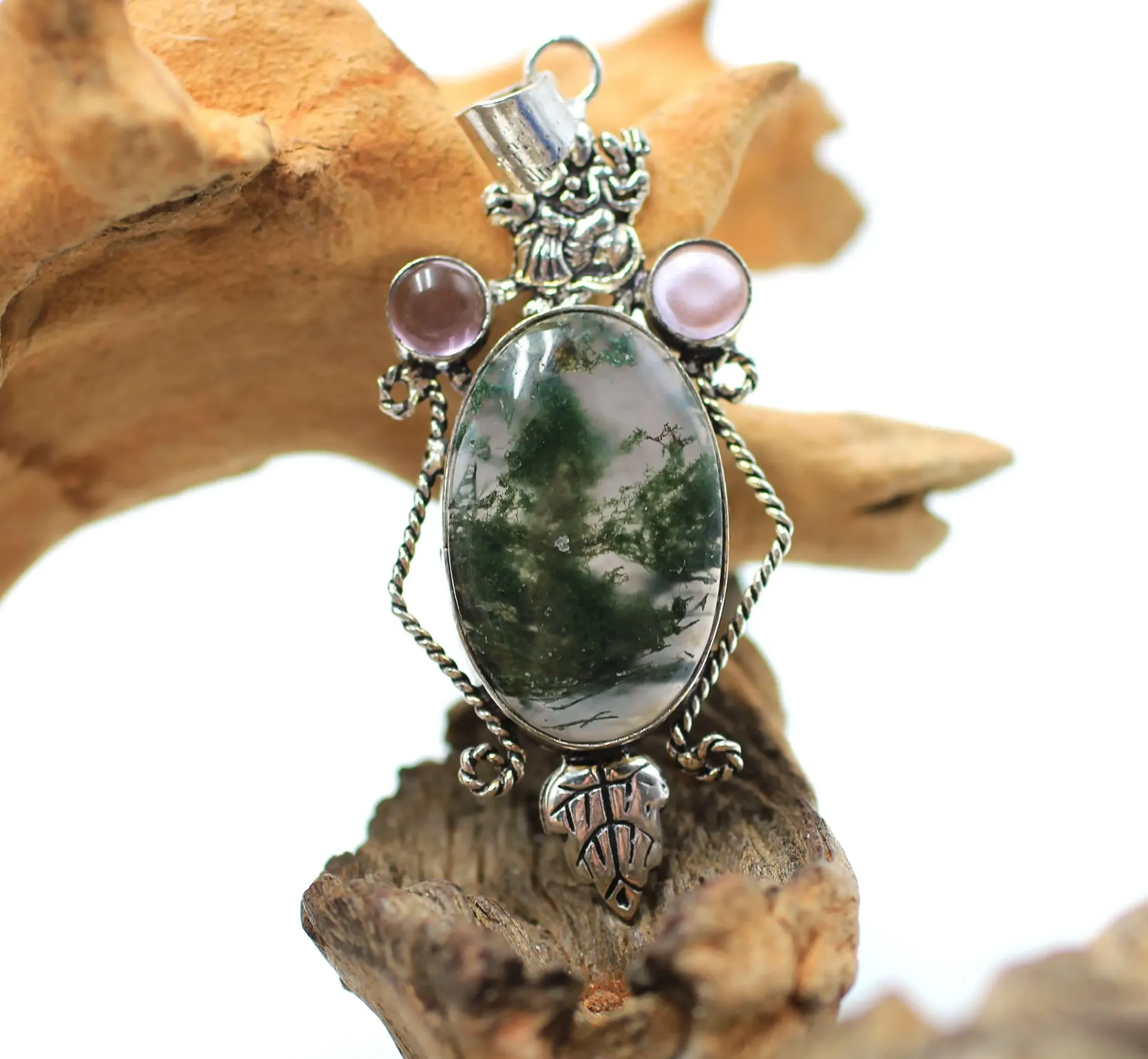 Pendentif en plaqué Argent et Agate mousse