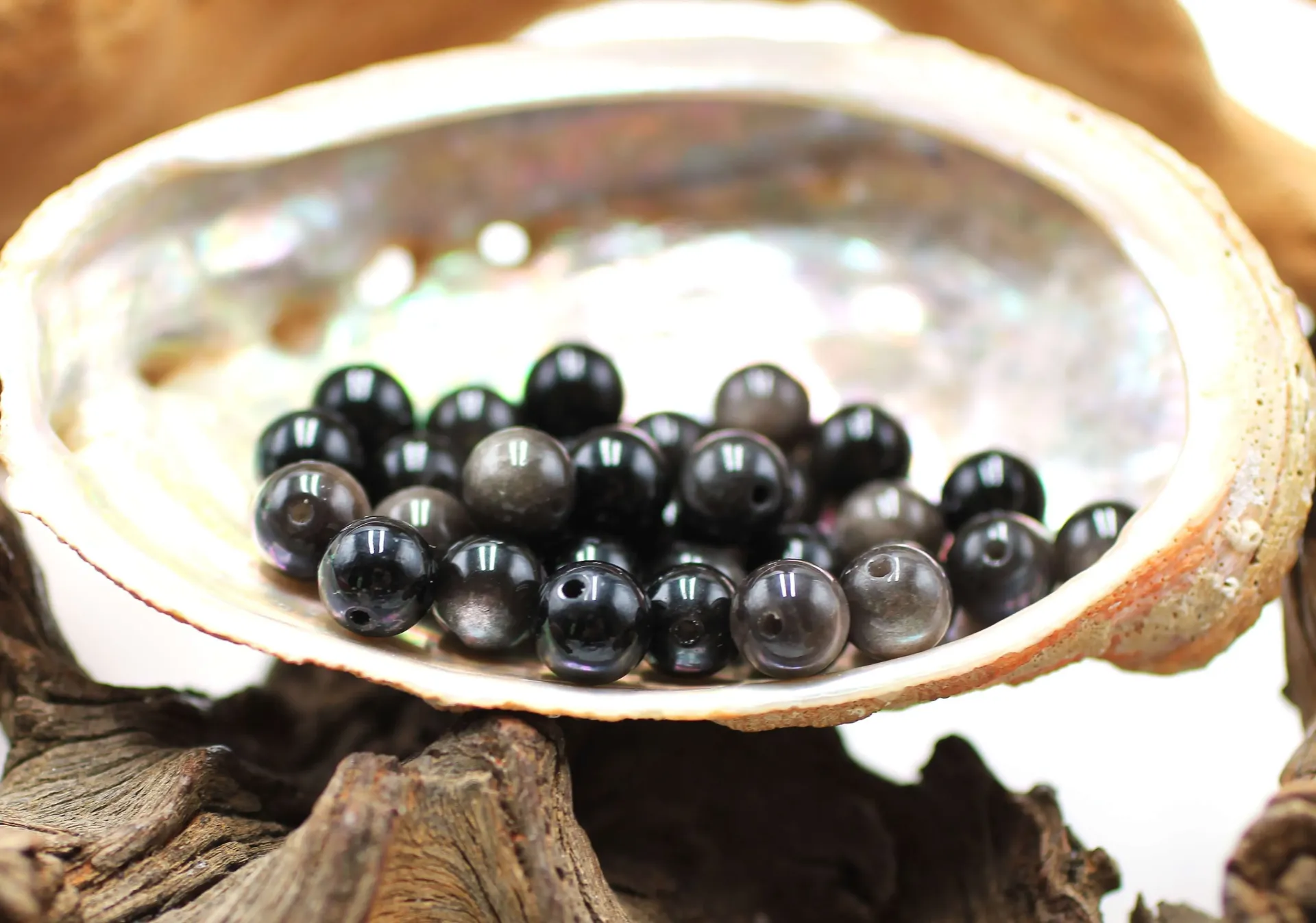 Perle 8mm en Obsidienne argentée