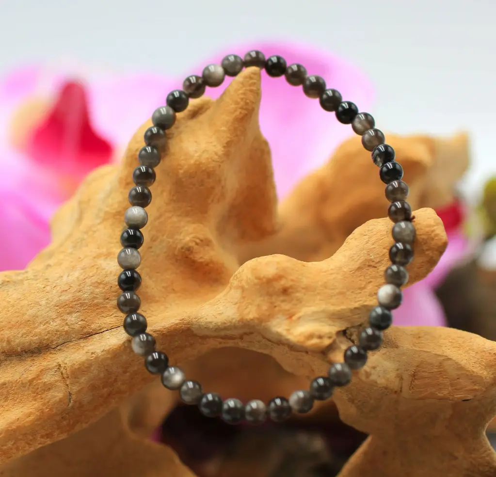 Bracelet en perles 4mm en Obsidienne argentée
