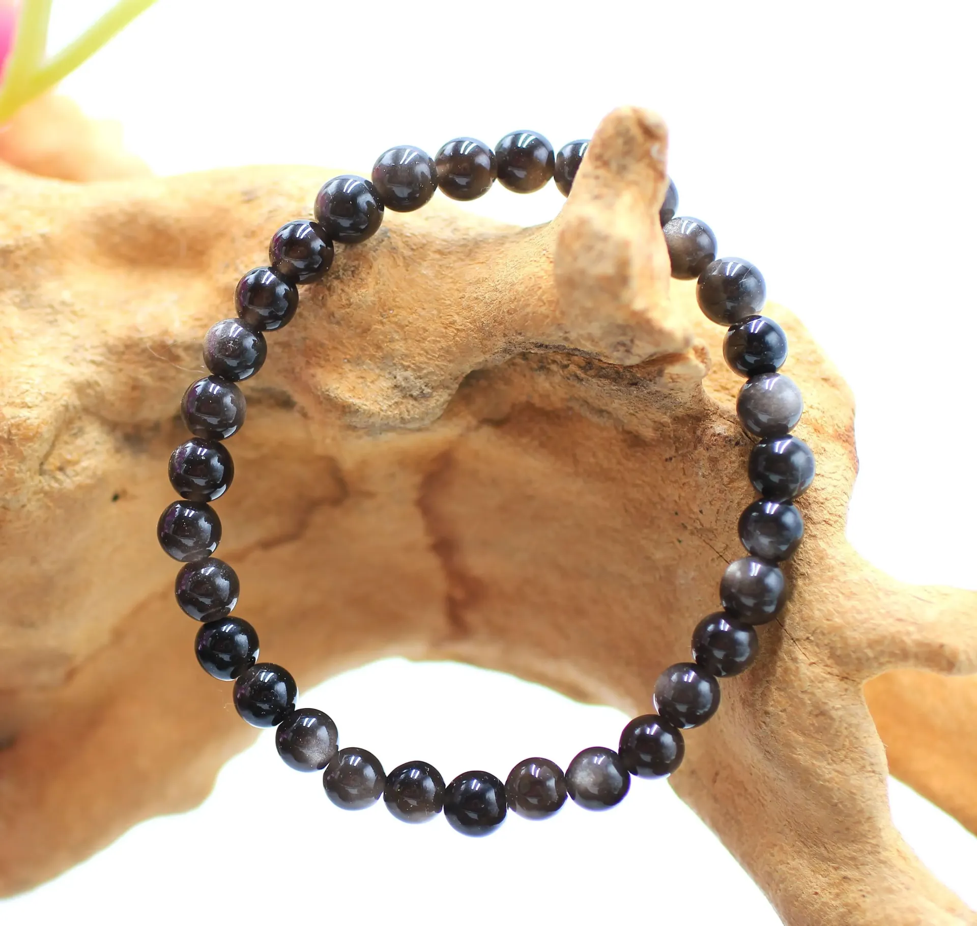 Bracelet en perles 6mm en Obsidienne argentée