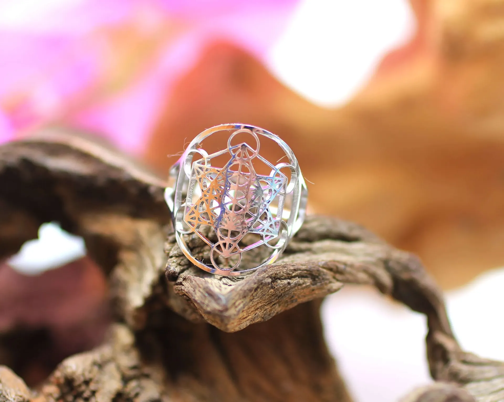 Bague réglable en Acier chromé et Symbole de Métatron