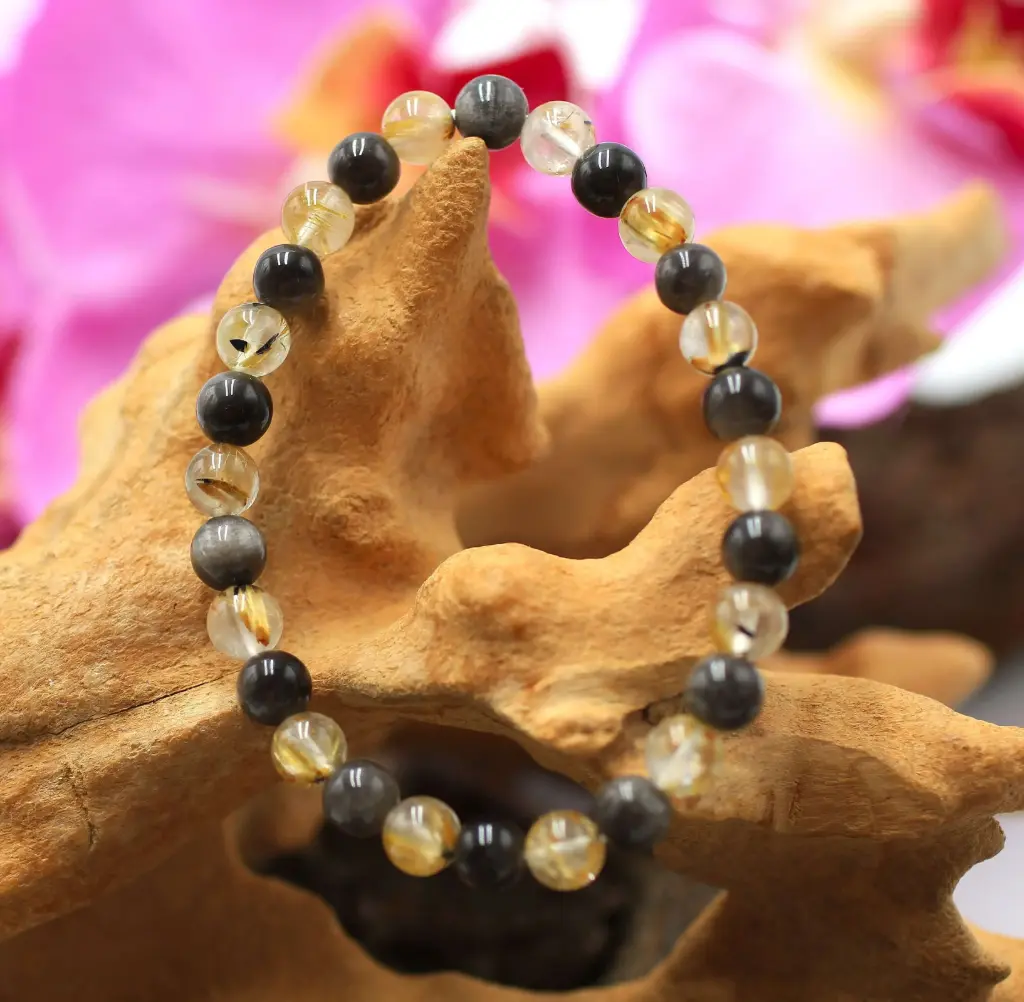 Bracelet en perles 6mm en Obsidienne argentée et Quartz rutile avec Inclusion d'Hématite