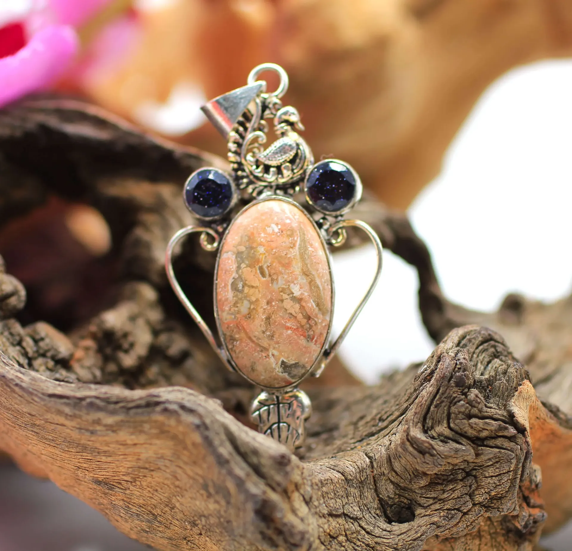 Pendentif en plaqué Argent et Jaspe océan