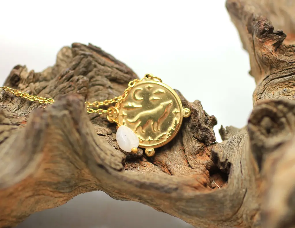 Chaine en acier doré et Médaille Totem Loup et Pierre de lune