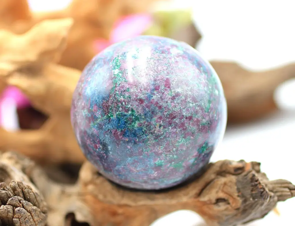 Sphère en Fuschite avec Rubis et Cyanite bleue