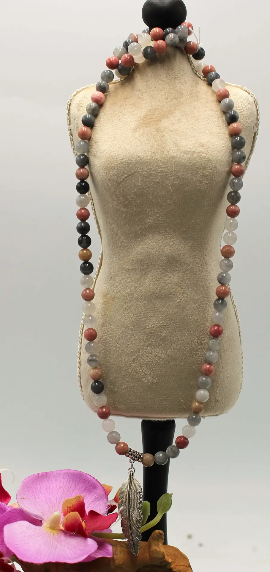 Mala en perles 8mm Agate grise et Rhodonite