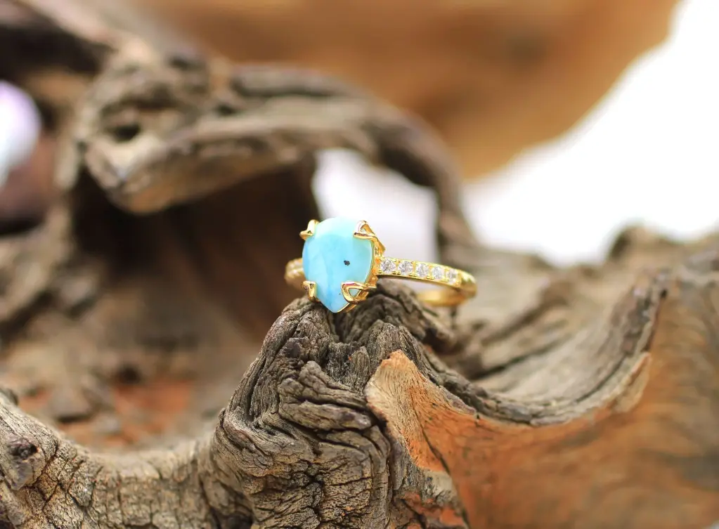 Bague réglable en Argent 925 (plaqué or) et en Larimar