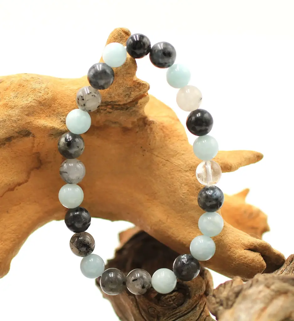 Bracelet en perles 8mm en Aigue-marine, Larvikite, Quartz tourmaline