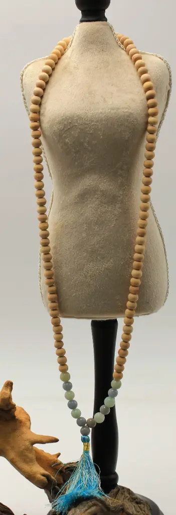 Mala en perles 8mm Amazonite, Angélite et graine de Tulsi