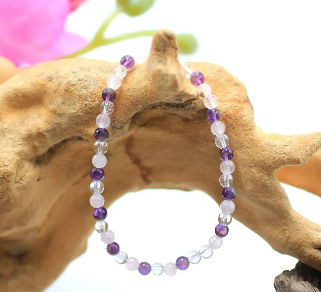 Bracelet en perles 4mm en Améthyste, Cristal de roche et Quartz rose