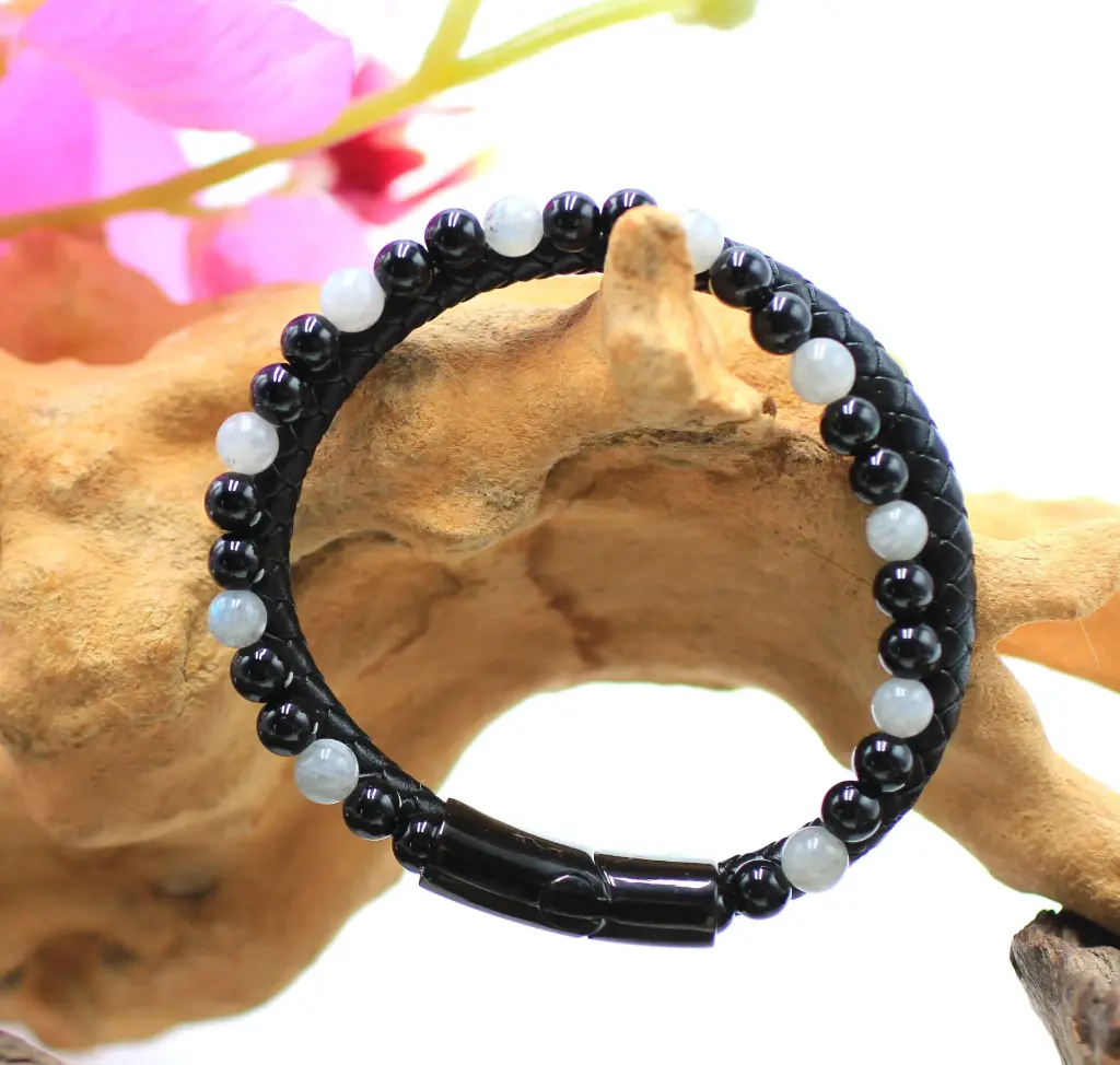 Bracelet cuir et perles 6mm en Labradorite et Onyx noir