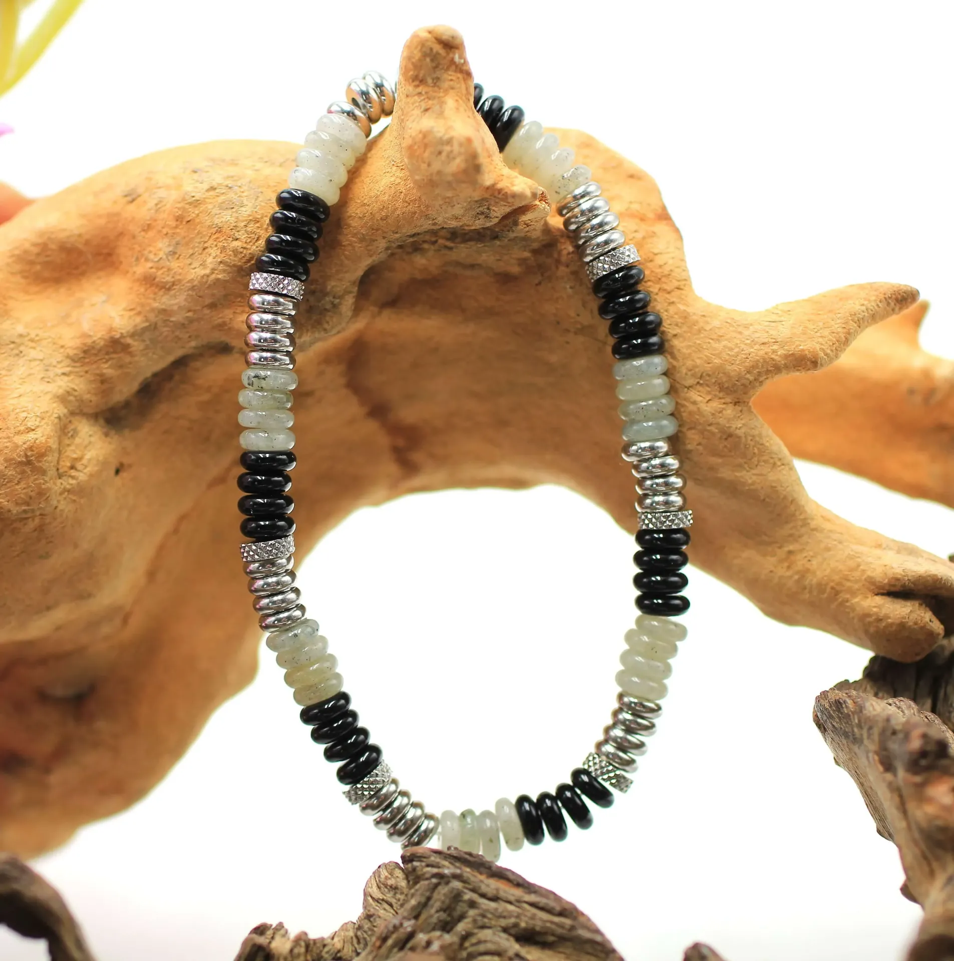 Bracelet en perles donut 6mm en Labradorite et Onyx noir