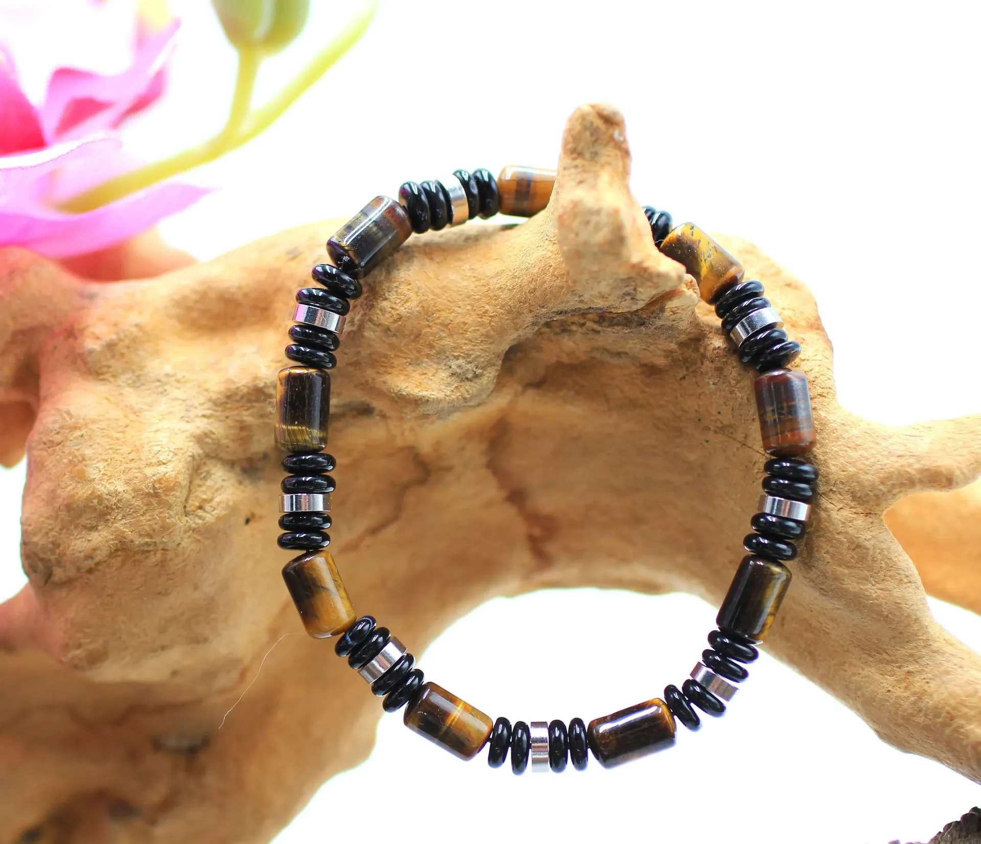 Bracelet en perles cylindrique 6mm en Obsidienne noire et Œil de tigre