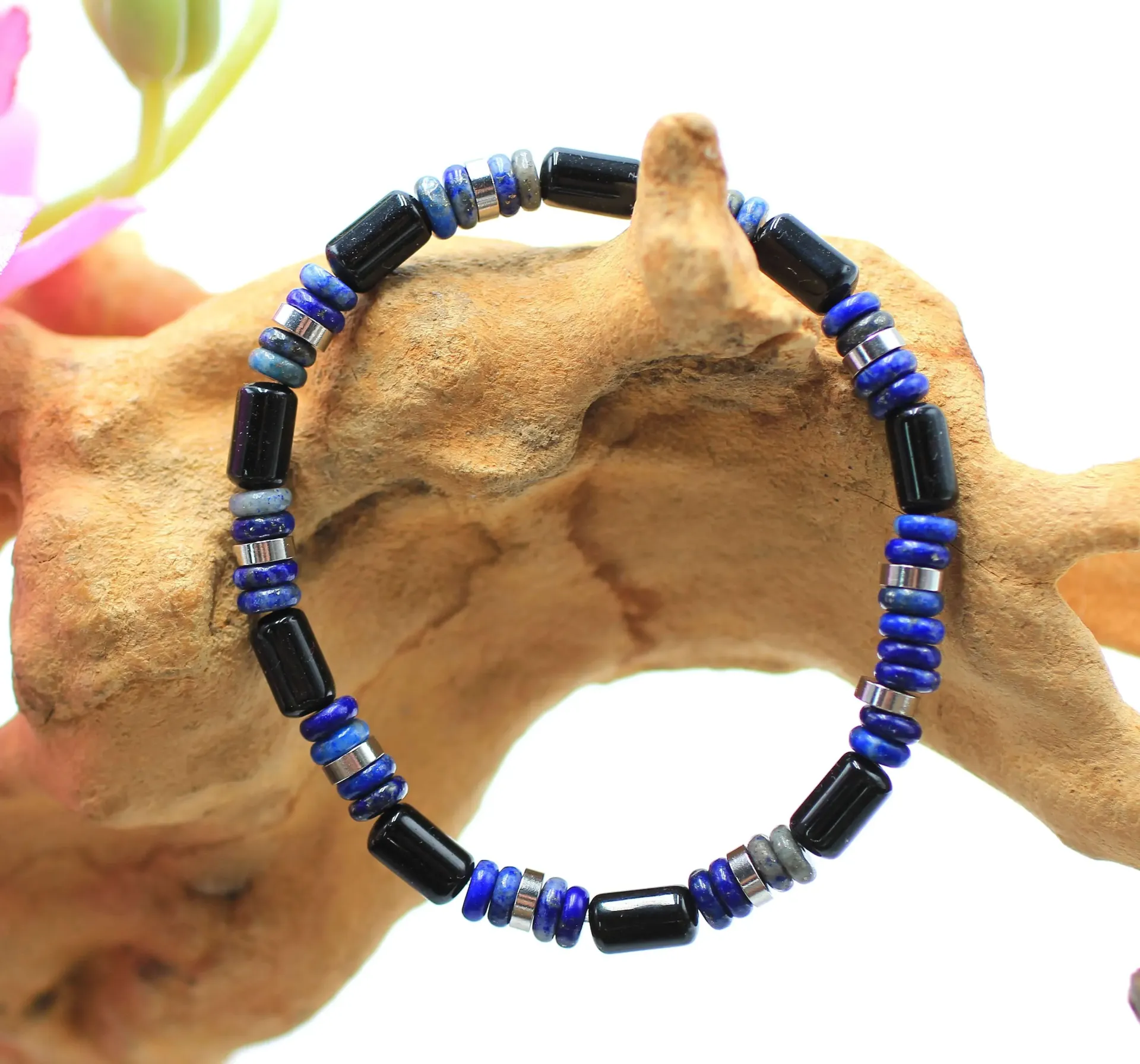 Bracelet en perles donut 6mm en Lapis-lazuli et Obsidienne noire