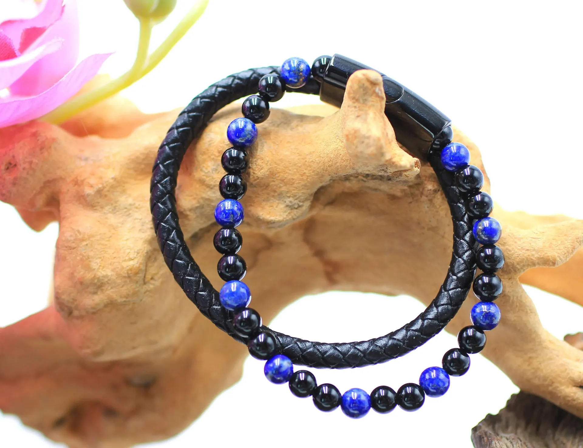 Bracelet en cuir et en perles 6mm en Lapis-lazuli et Onyx noir