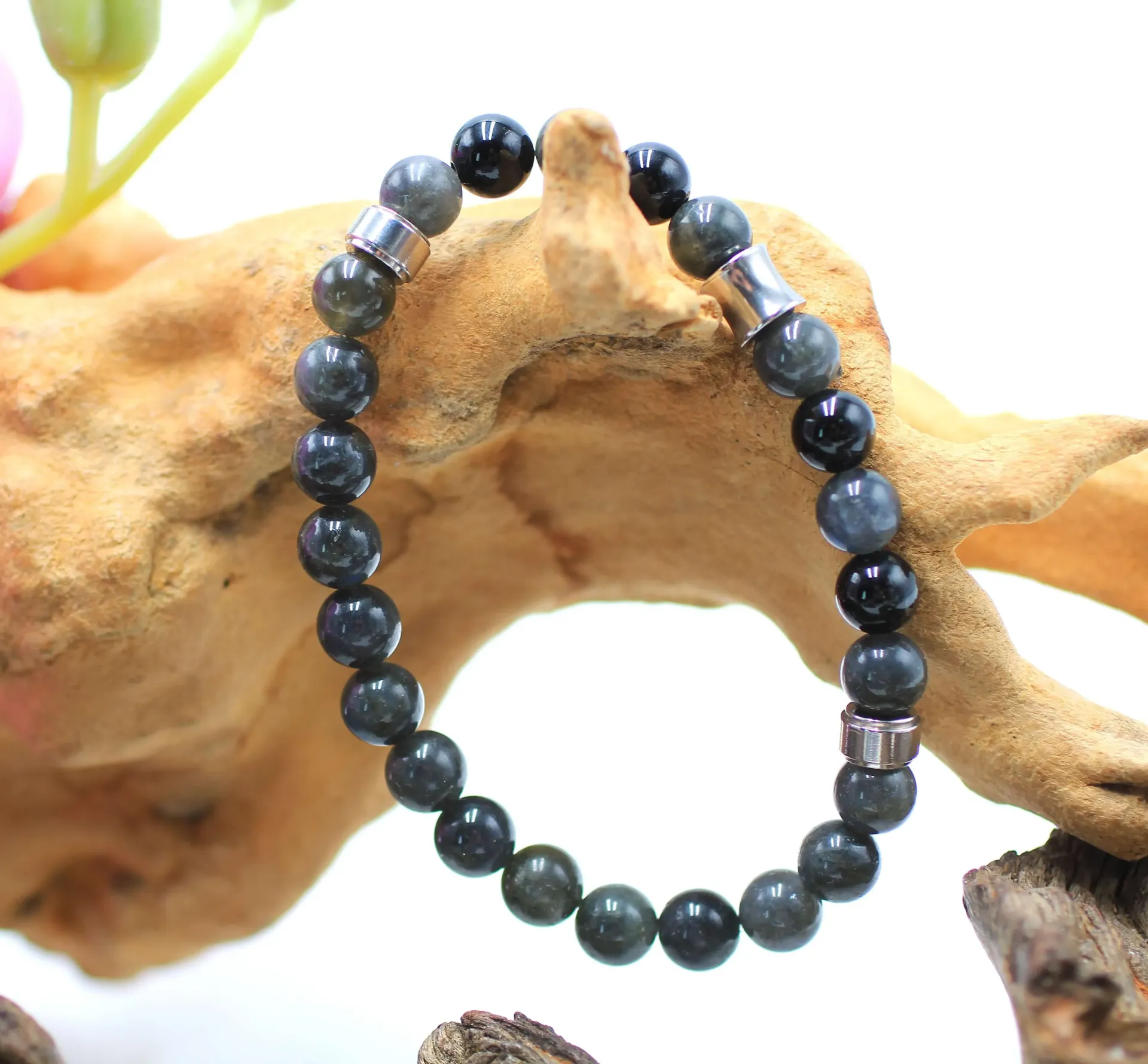 Bracelet en perles 8mm en Labradorite et Onyx noir