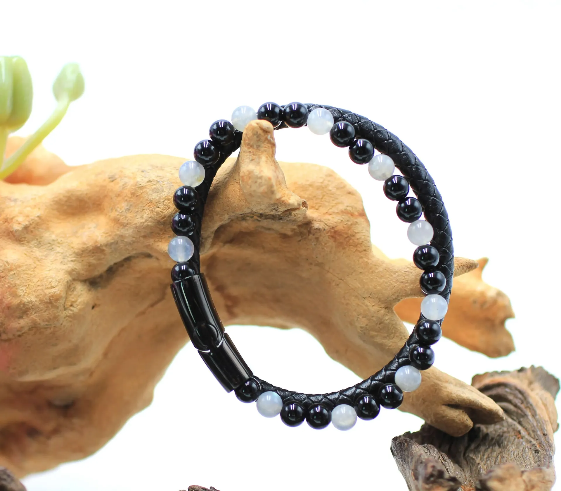 Bracelet en cuir et perles 6mm en Labradorite et Onyx noir