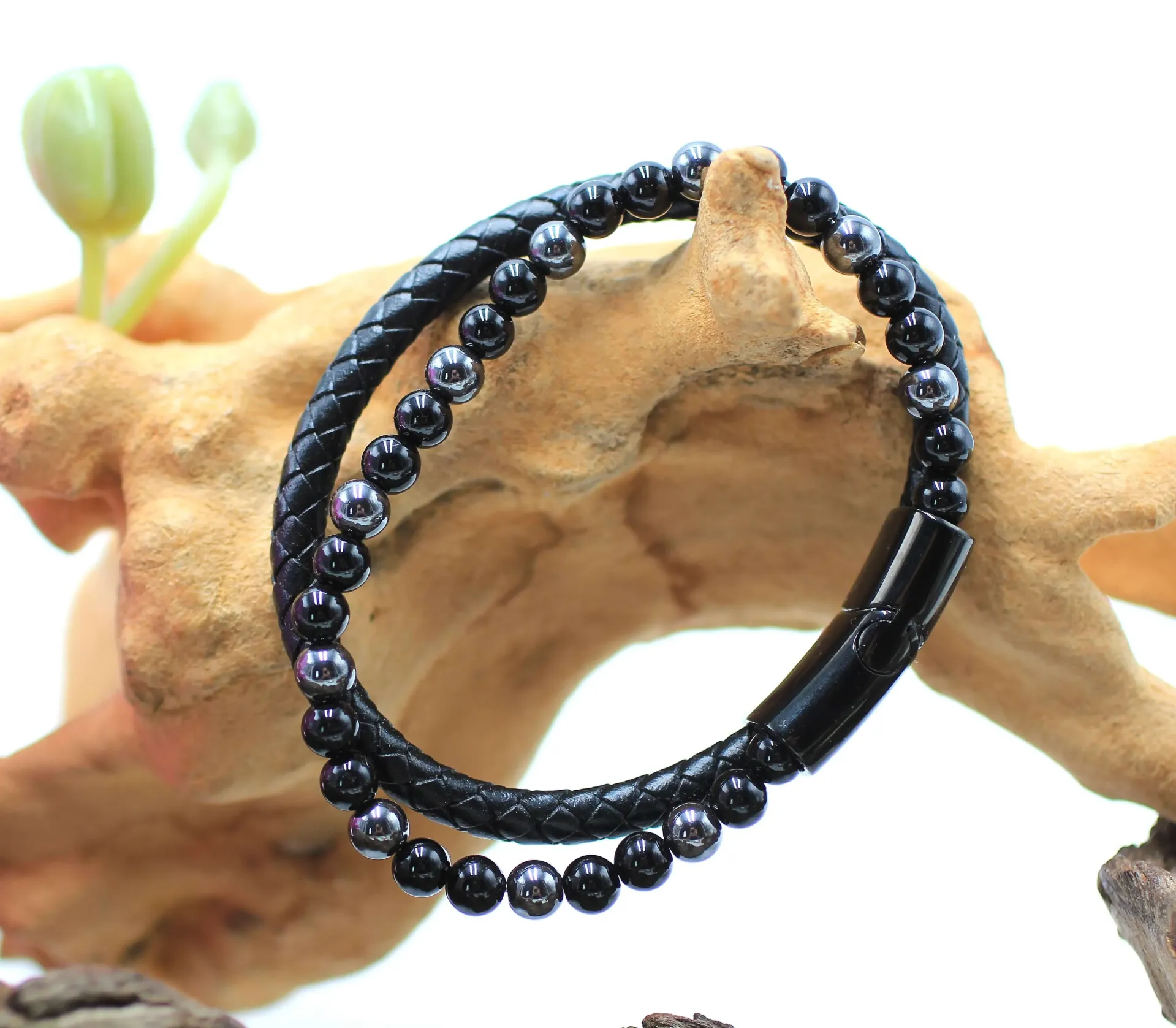Bracelet en cuir et perles 6mm en Hématite et Onyx noir