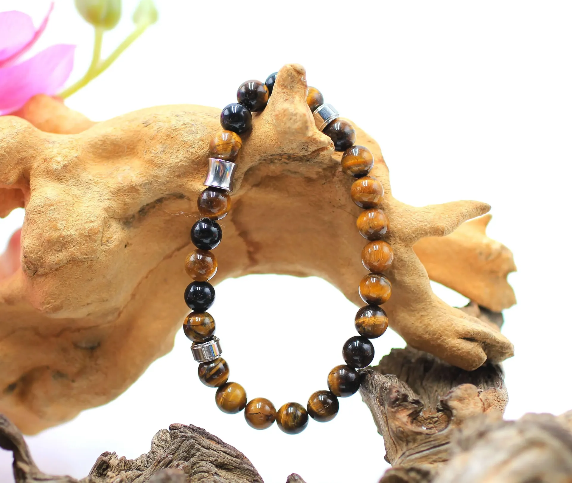 Bracelet en perles 8mm en Onyx noir et Œil de tigre
