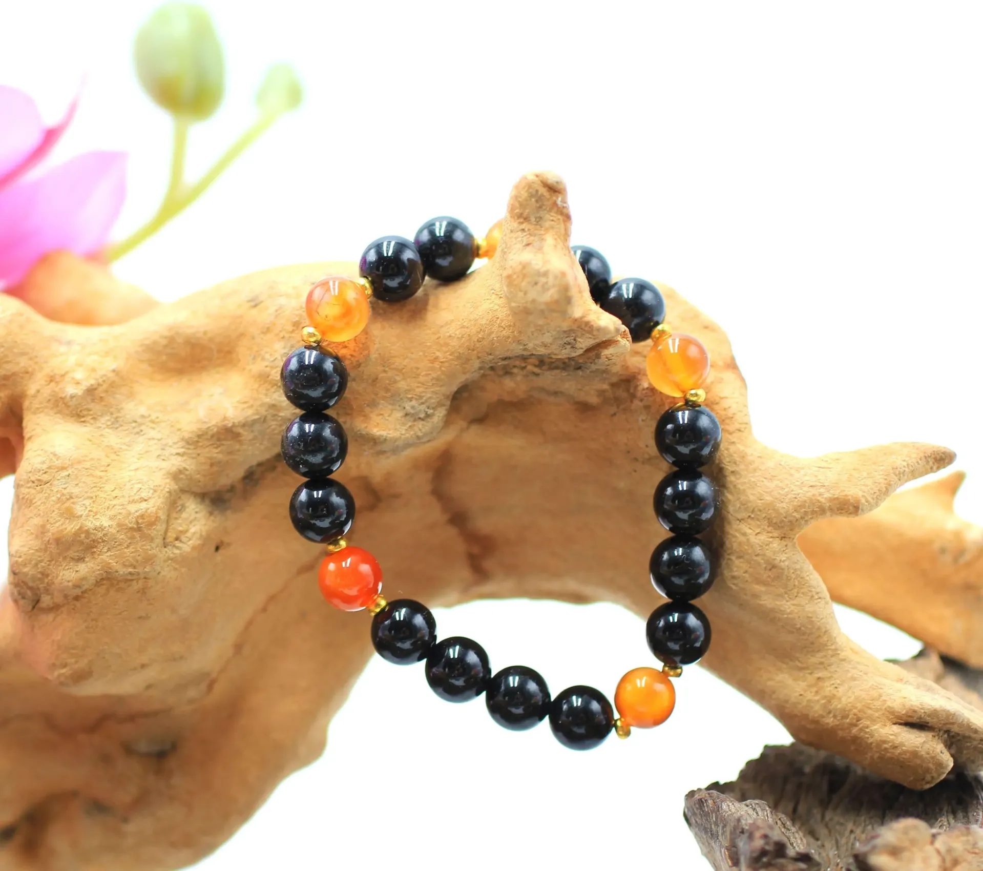 Bracelet en perles 8mm en Cornaline et Tourmaline noire