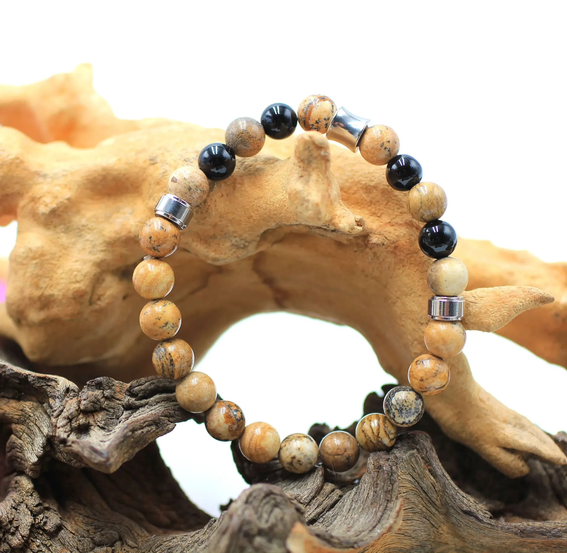 Bracelet en perles 8mm en Jaspe paysage et Onyx noir