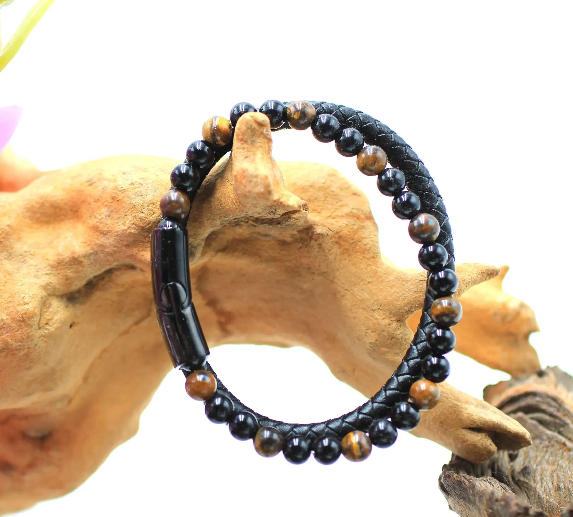 Bracelet en cuir et perles 6mm en Œil de tigre et Onyx noir