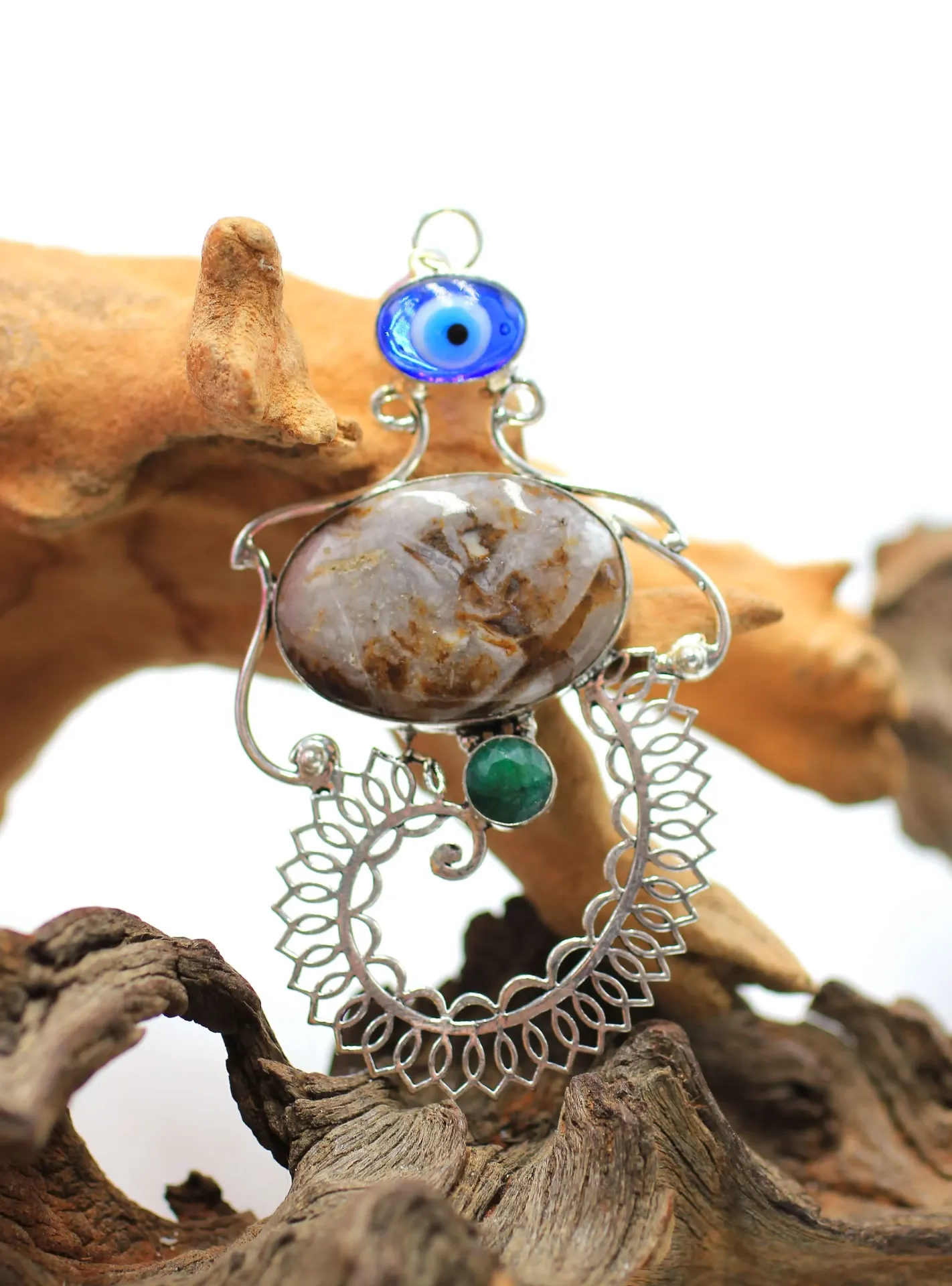 Pendentif plaqué Argent et en Agate Crazy lace grise