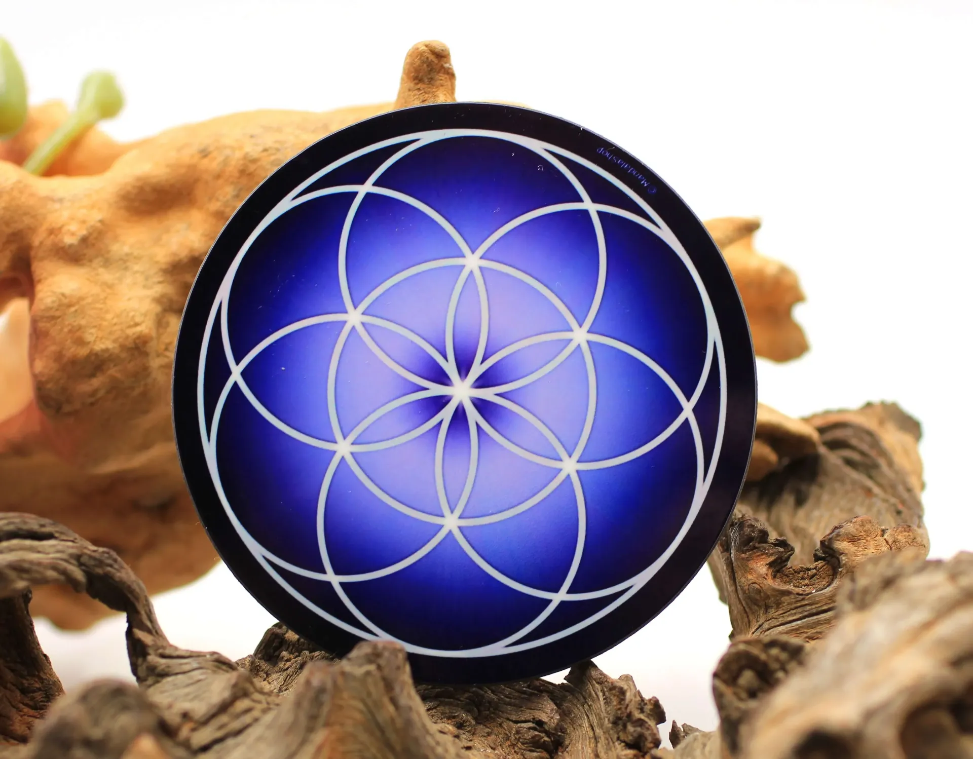 Disque harmonisant en bois Graine de vie et Chakra du Troisième œil