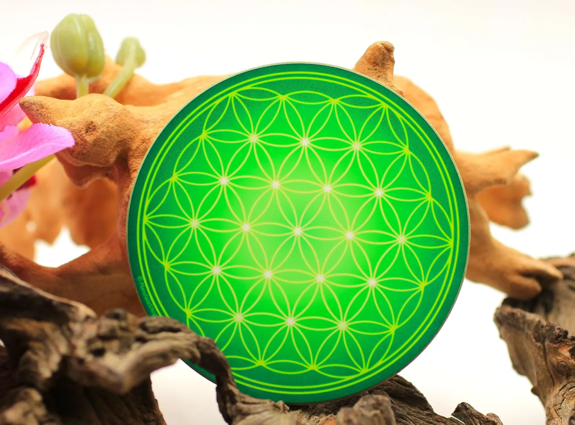 Disque harmonisant en bois Fleur de vie et Chakra Cœur