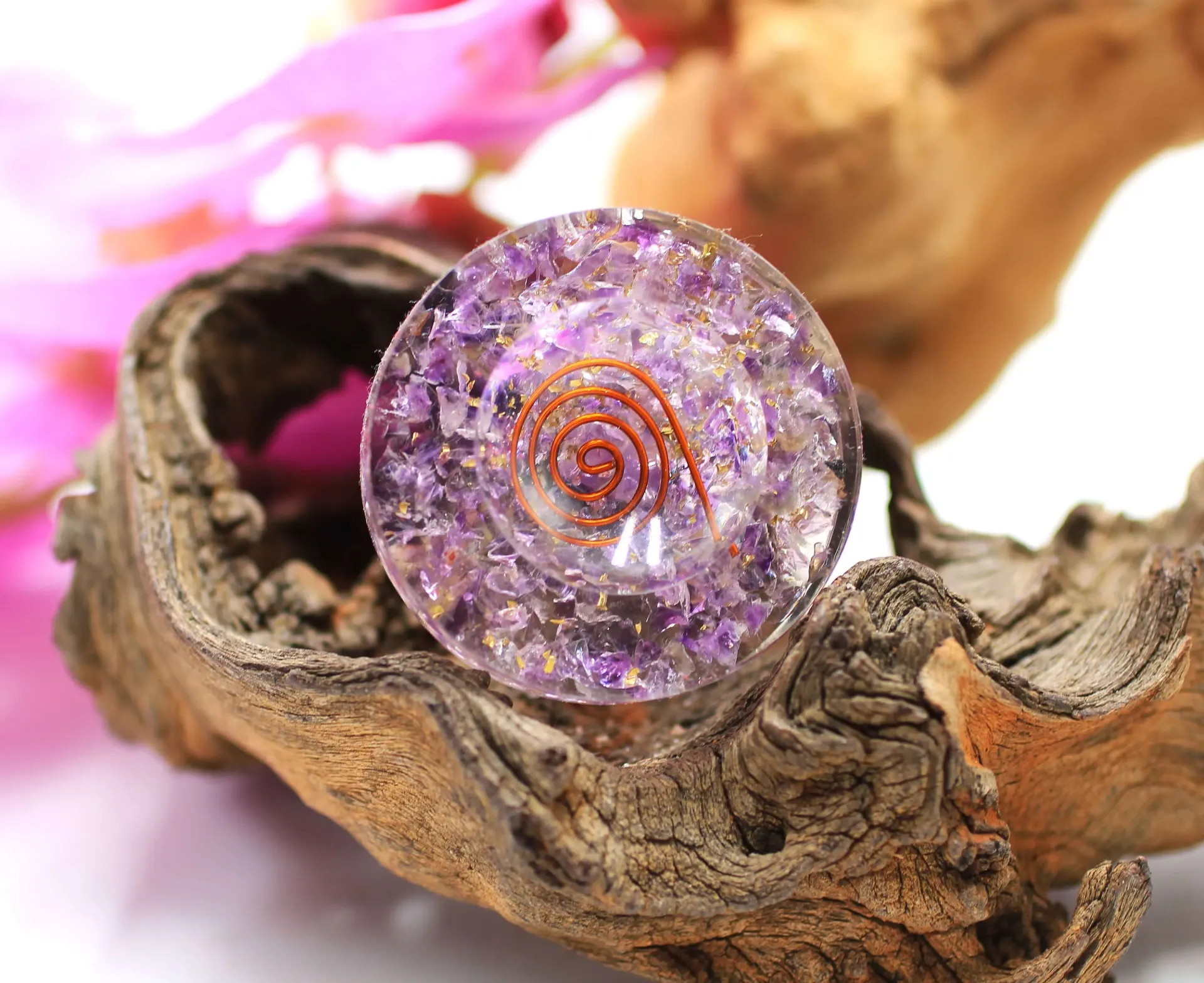 Support pour sphère en Orgonite et Améthyste