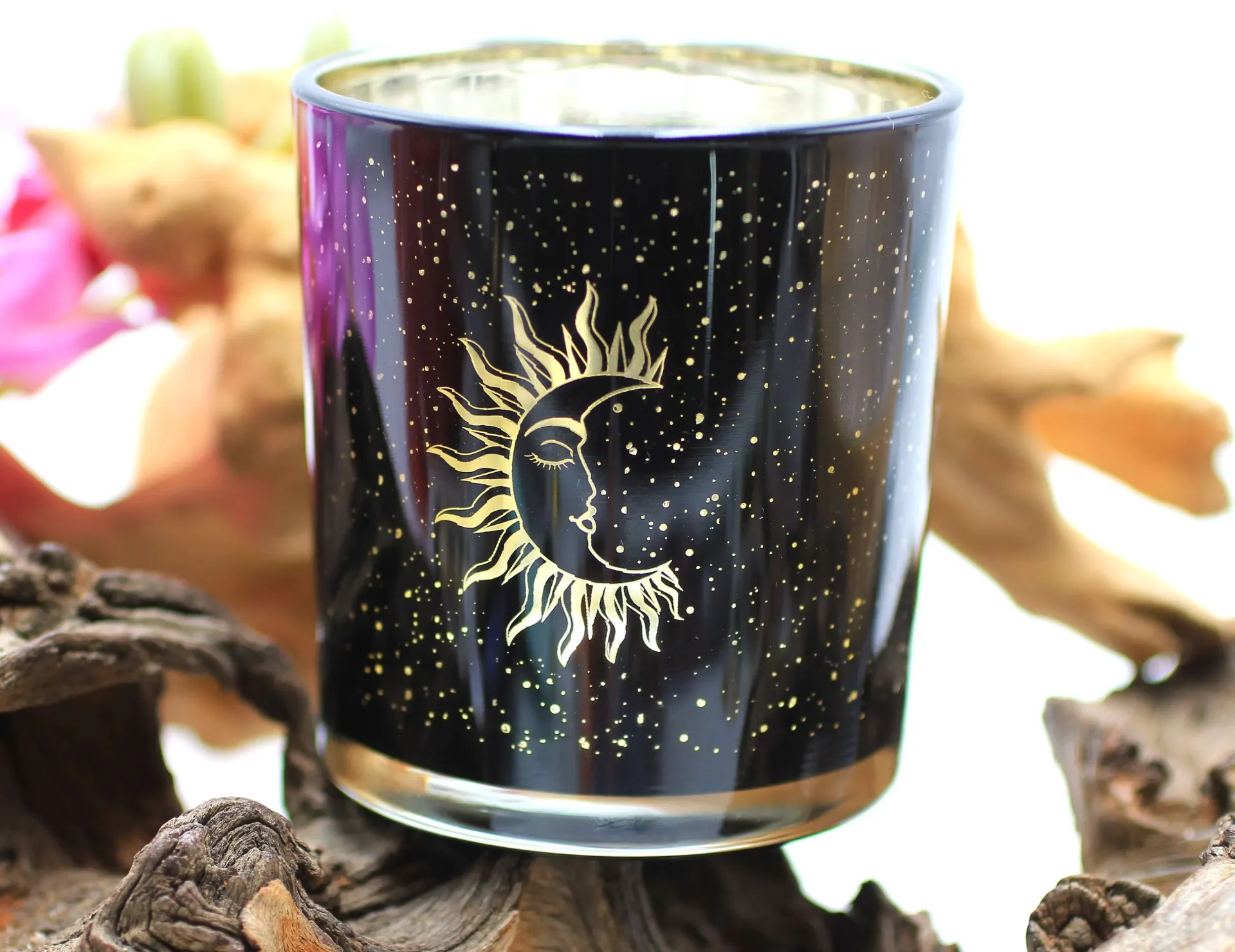 Photophore Lune et Soleil noir intérieur doré