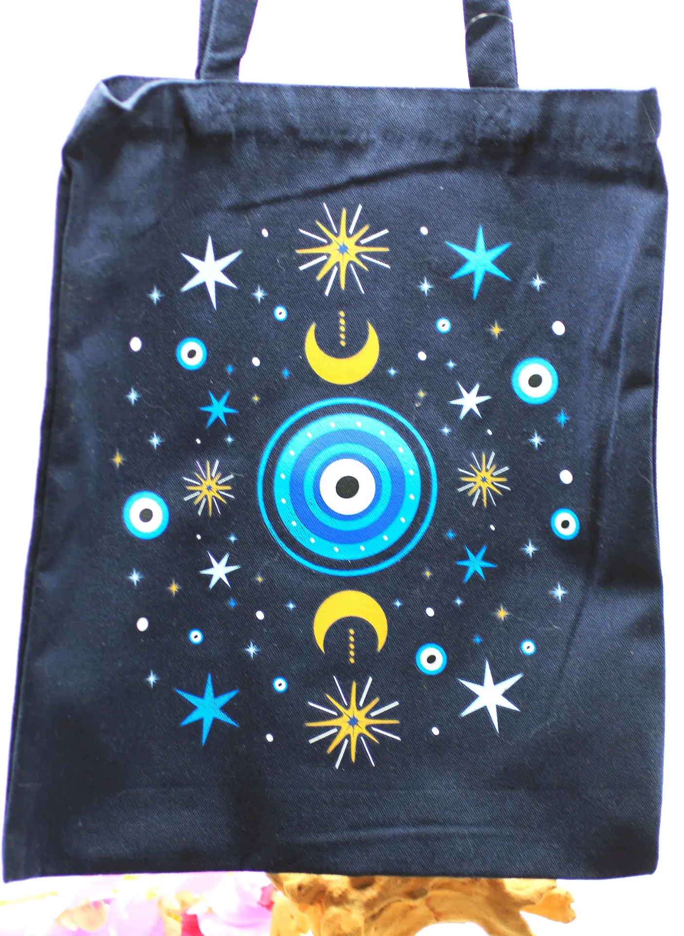 Tote-bag noir et Croissant de lune et Œil bleu de protection