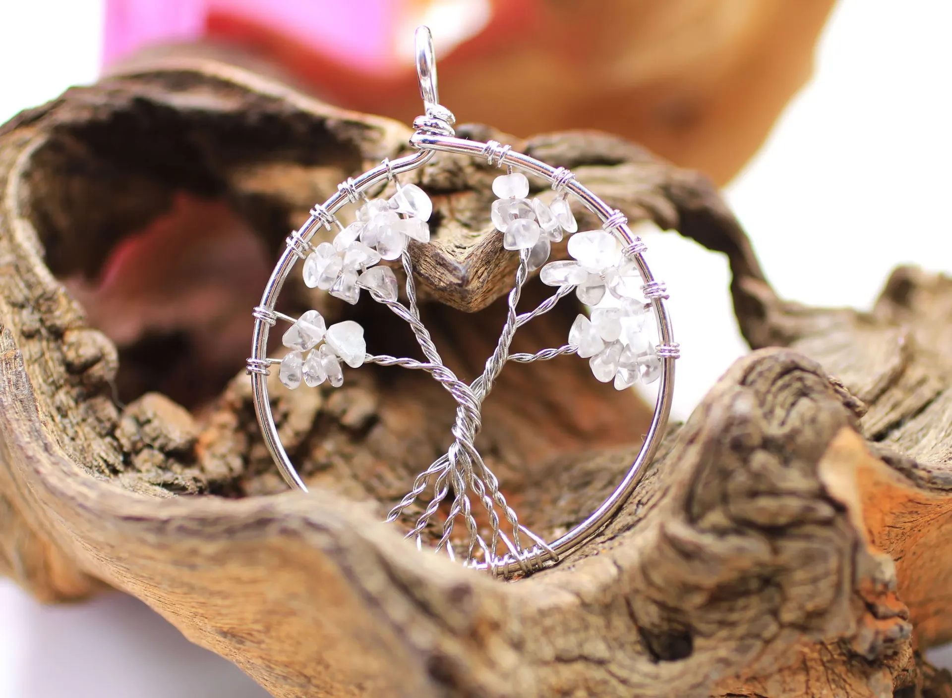 Pendentif Arbre de vie tressé en Cristal de roche