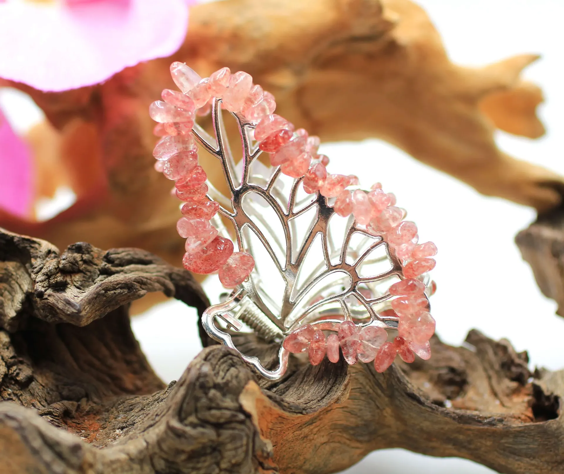 Pince à cheveux papillon en Quartz hématoïde fraise