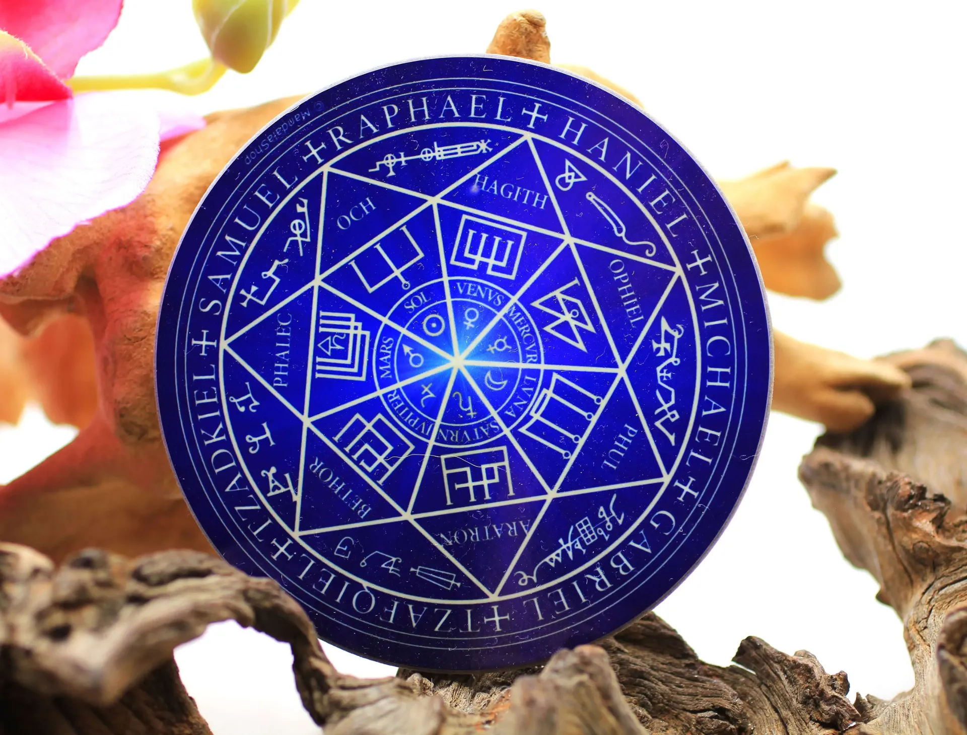Disque harmonisant en bois et Sceau des 7 archanges bleu