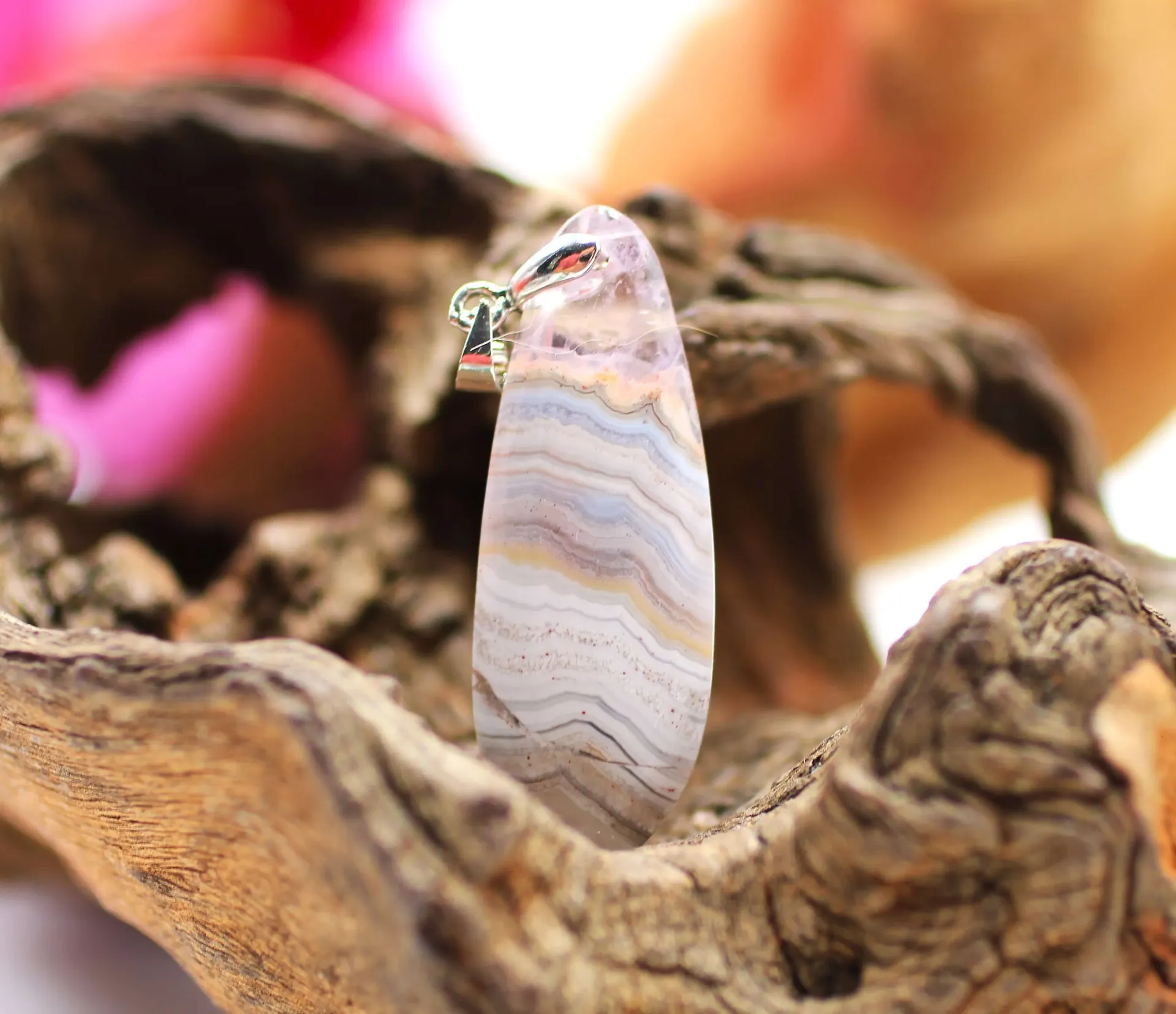 Pendentif ovale en Améthyste et Agate crazy lace