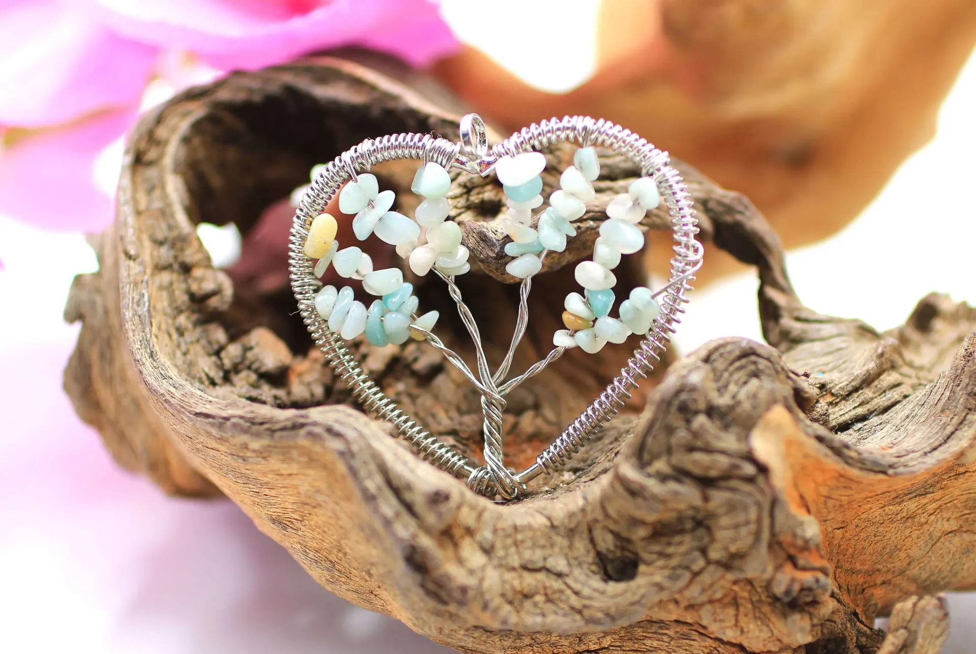 Pendentif Arbre de vie tressé et chips d'Amazonite