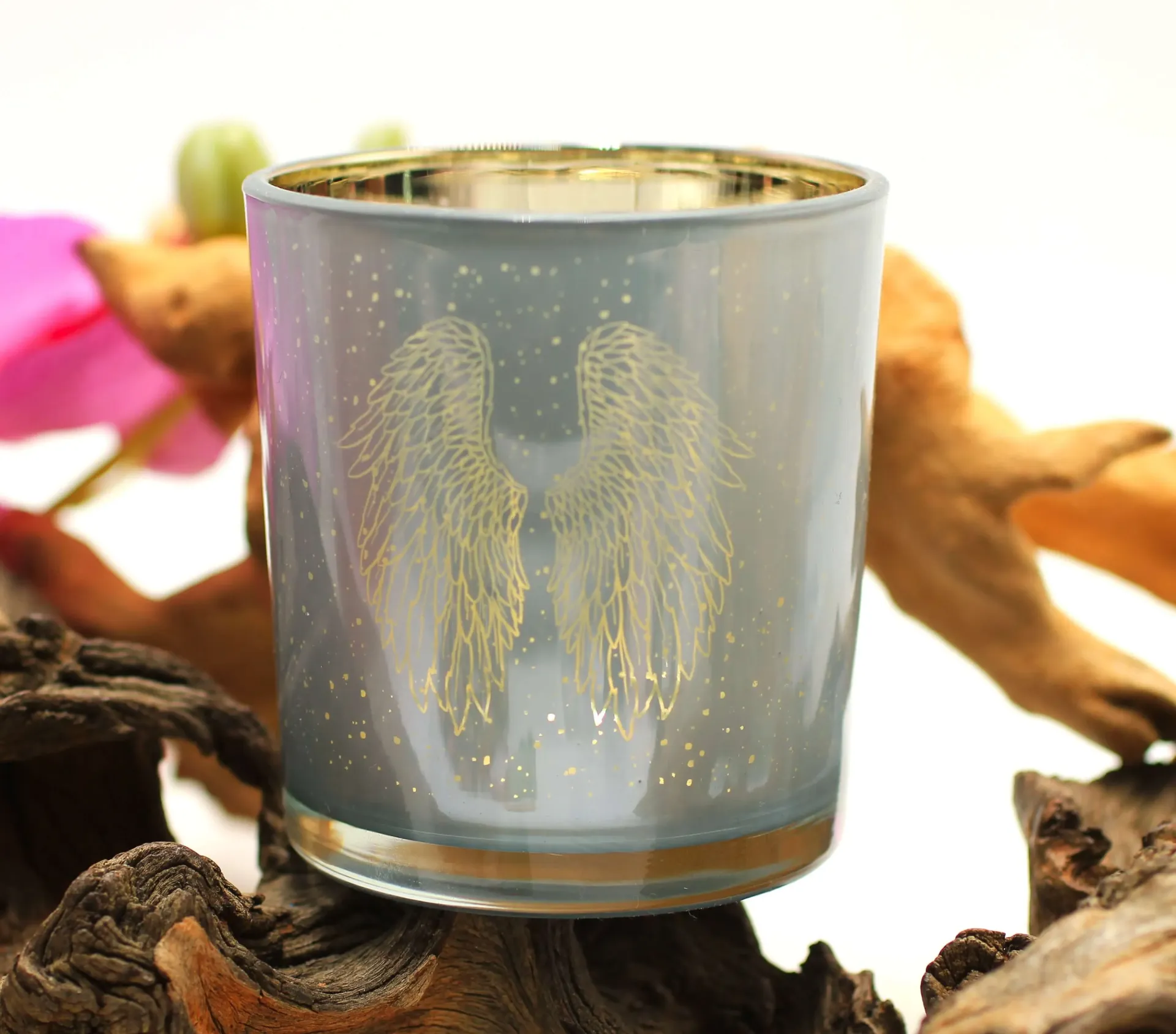Photophore Aile d'Ange gris bleu et intérieur doré