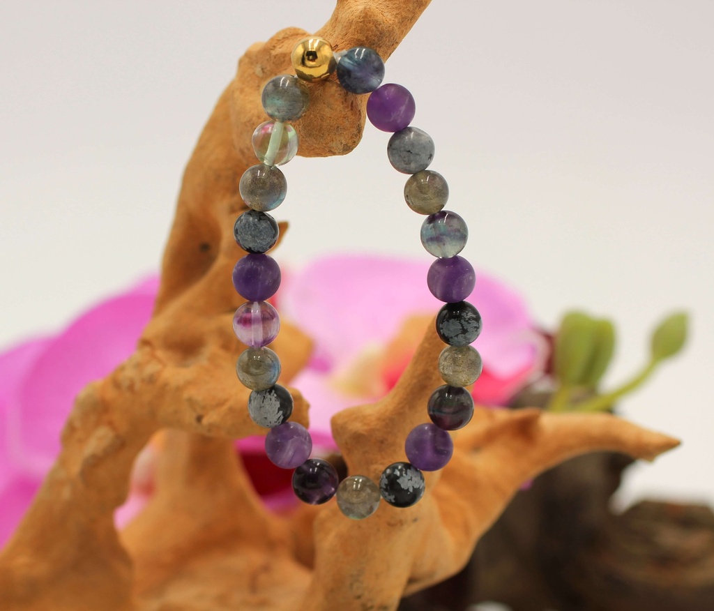 Bracelet en perles 8mm en Améthyste, Fluorite multicolore, Labradorite et Obsidienne flocon de neige