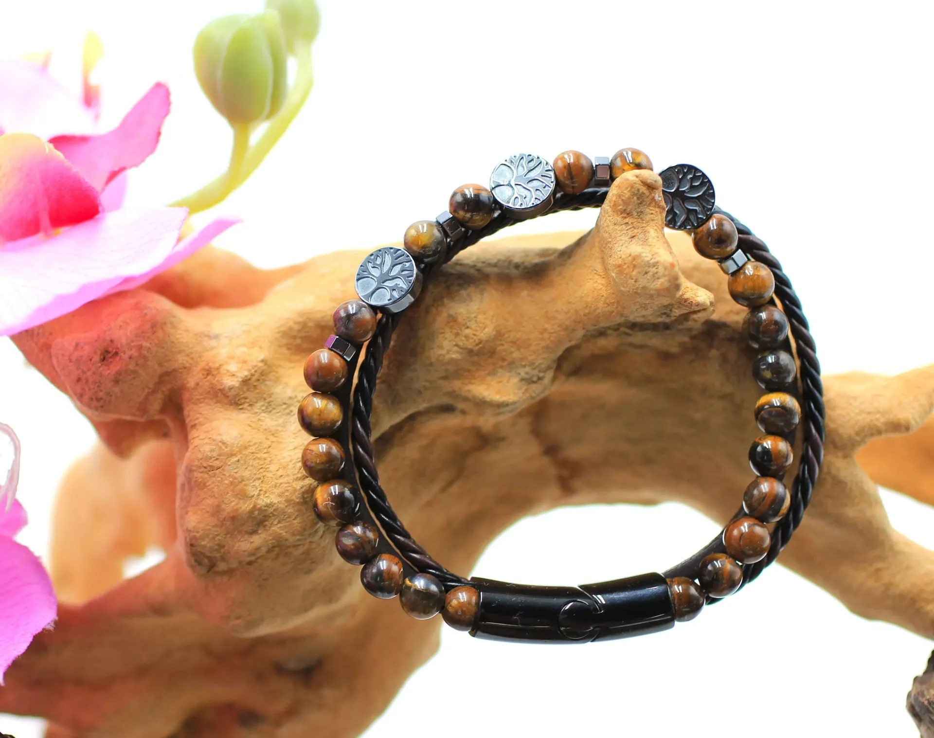 Bracelet en cuir et perles 6mm en Œil de tigre et Arbre de vie