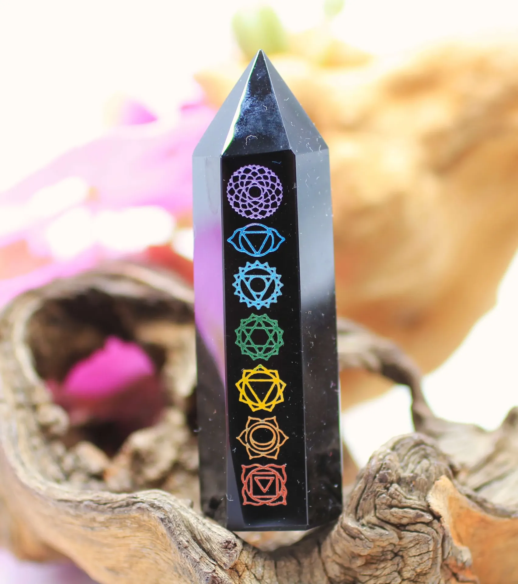 Obélisque 7 chakras en Obsidienne noire