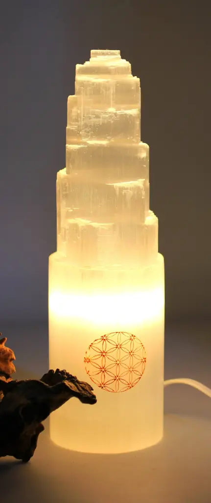 Lampe de Sélénite en Iceberg et Motif Fleur de vie
