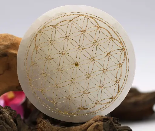 Porte encens en Sélénite et motif Fleur de vie dorée