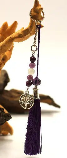Porte-clé en Calcite blanche, Phosphosidérite et charme arbre de vie
