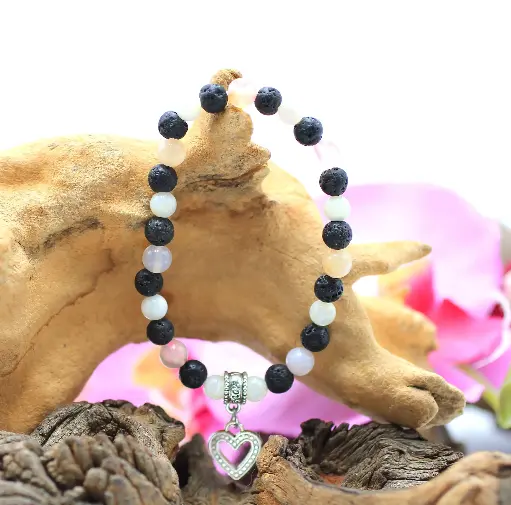 Bracelet en perles 6mm en Agate fleur de cerisier, Pierre de lave, Nacre